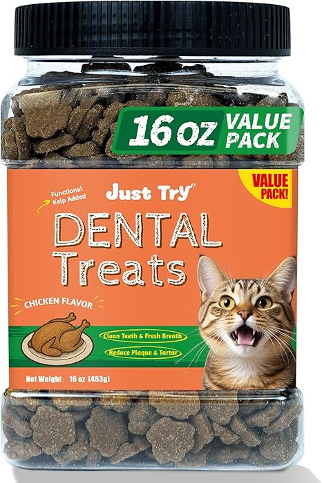 Just Try 16 OZ Dental Health Treats for Cats | Chicken Flavored | Kelp-Infused Oral Care Chews